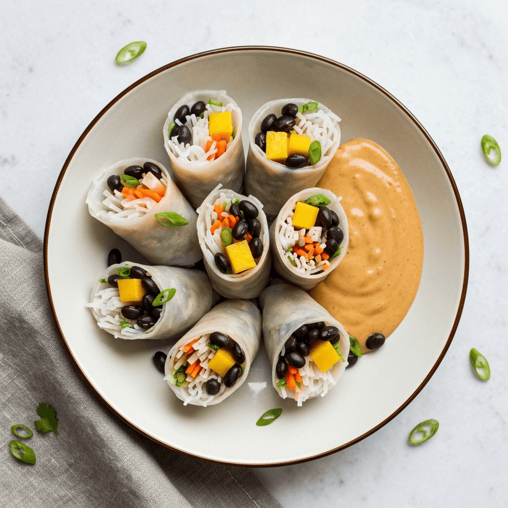 Black Bean and Mango Spring Rolls with Peanut Sauce