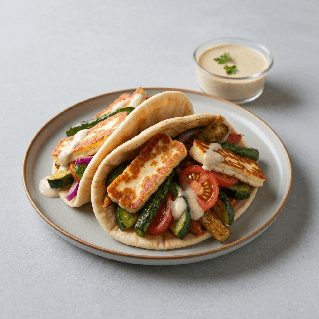 Roasted Vegetable and Halloumi Pitas with Tahini Dressing