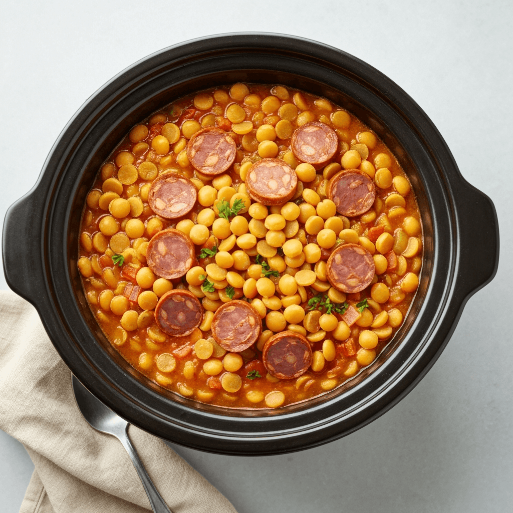 Slow Cooker Split Pea Soup with Chorizo & Smoked Paprika