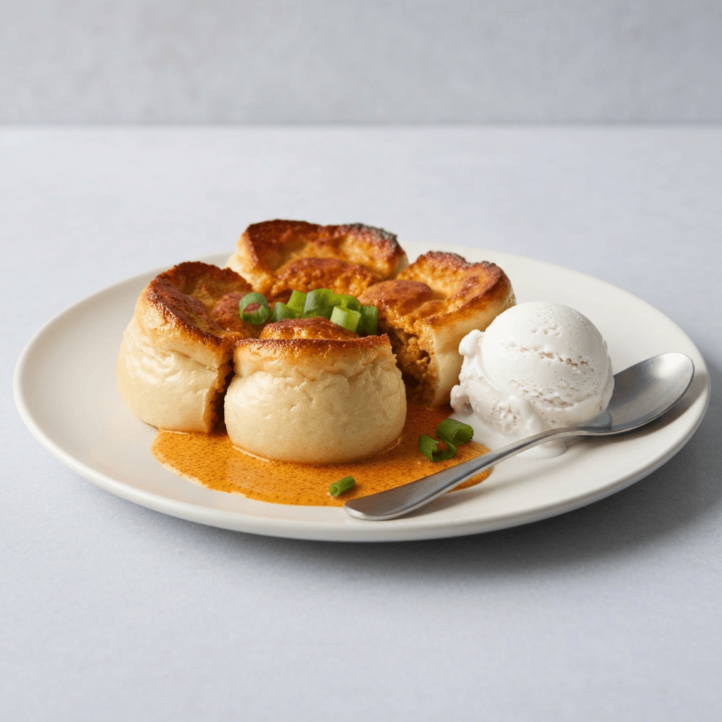 Laksa-Infused Mantou Bread Pudding with Coconut Ice Cream