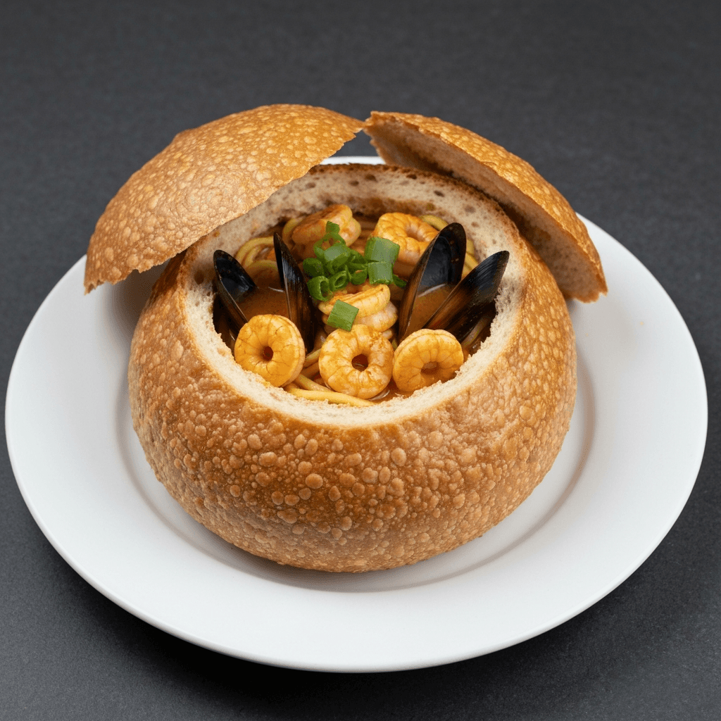 Curry Mee Sourdough Bread Bowl with Seafood Medley