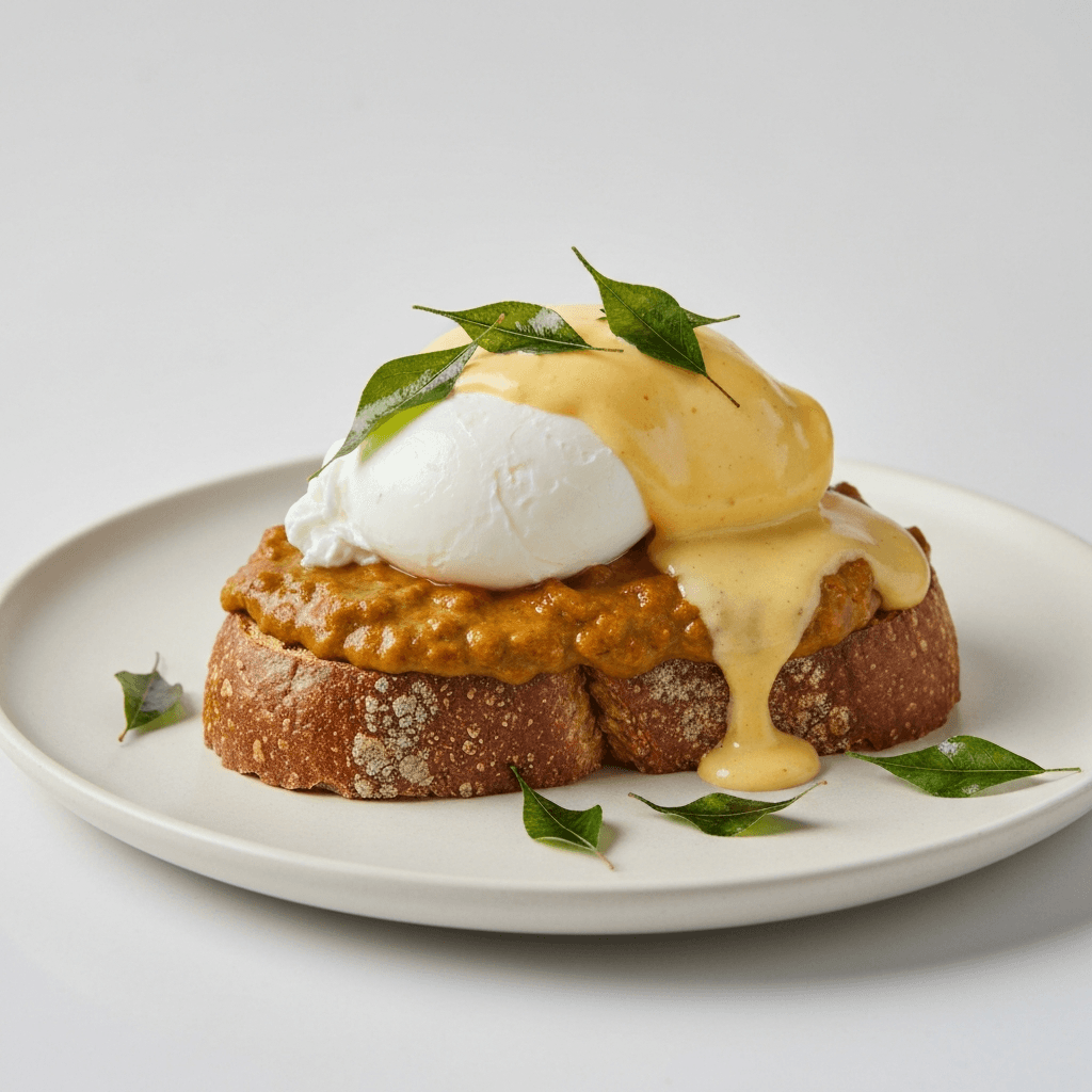Sourdough Curry Mee Toast with Salted Egg Hollandaise & Crispy Curry Leaves