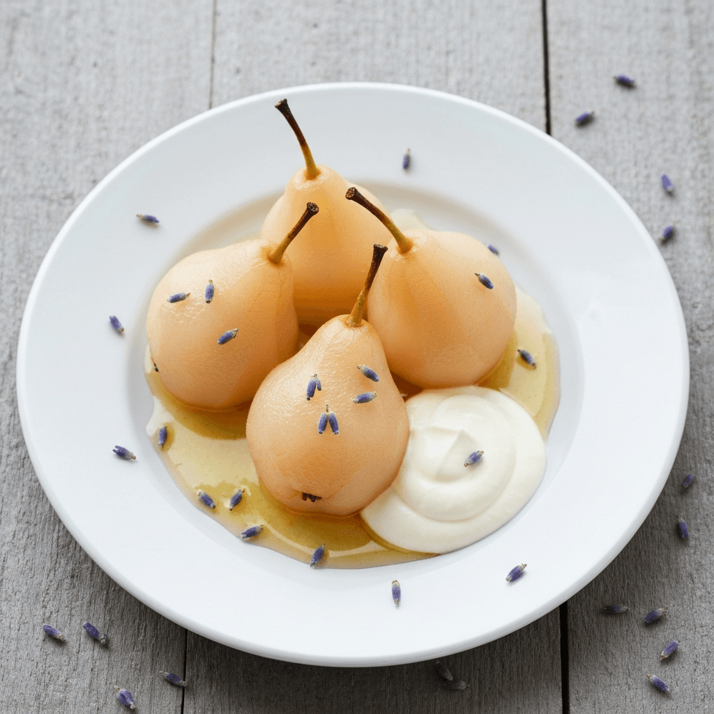 Poached Jersey Pears with Lavender Honey and Crème Fraîche