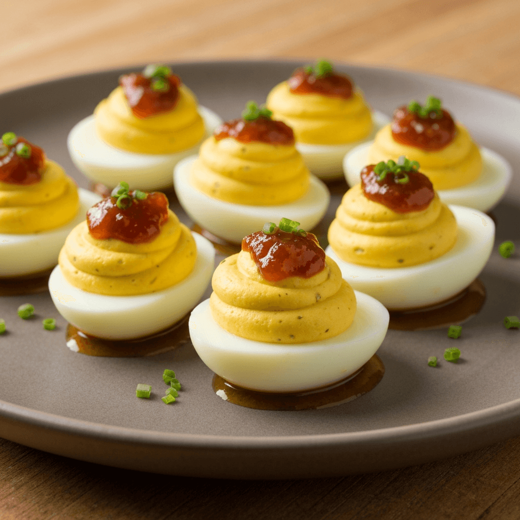 Bobotie Deviled Eggs with Chutney Garnish