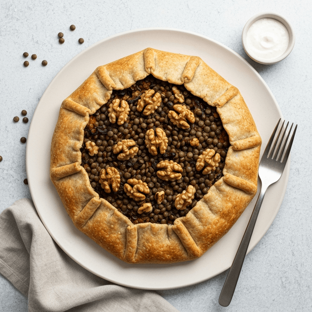 Lentil and Walnut Galette with Balsamic Roasted Onions (Vegan)
