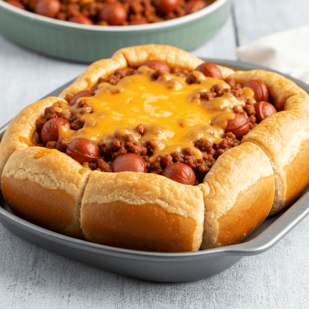 Chili Cheese Dog Bake with Crescent Roll Crust