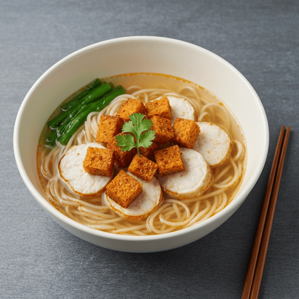 Sliced Fish Bee Hoon Soup with Sambal Belacan Sourdough Croutons