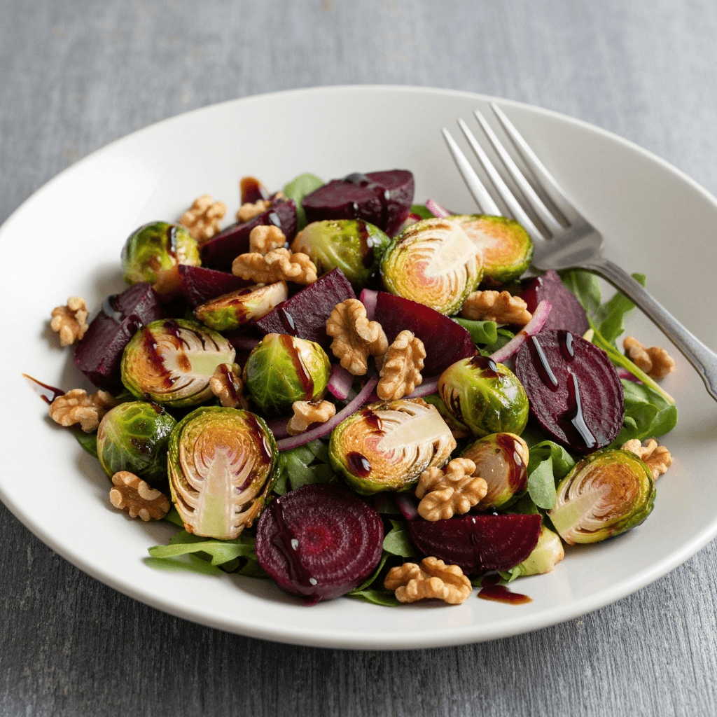 Roasted Beetroot and Brussels Sprout Salad with Balsamic Glaze