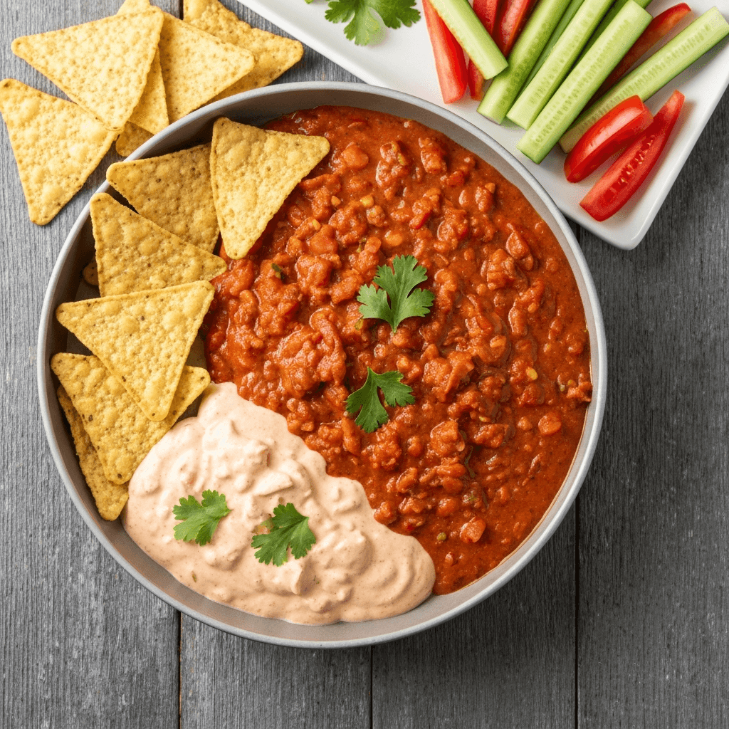 Creamy & Flavorful Chili Dip with Tortilla Chips and Vegetables