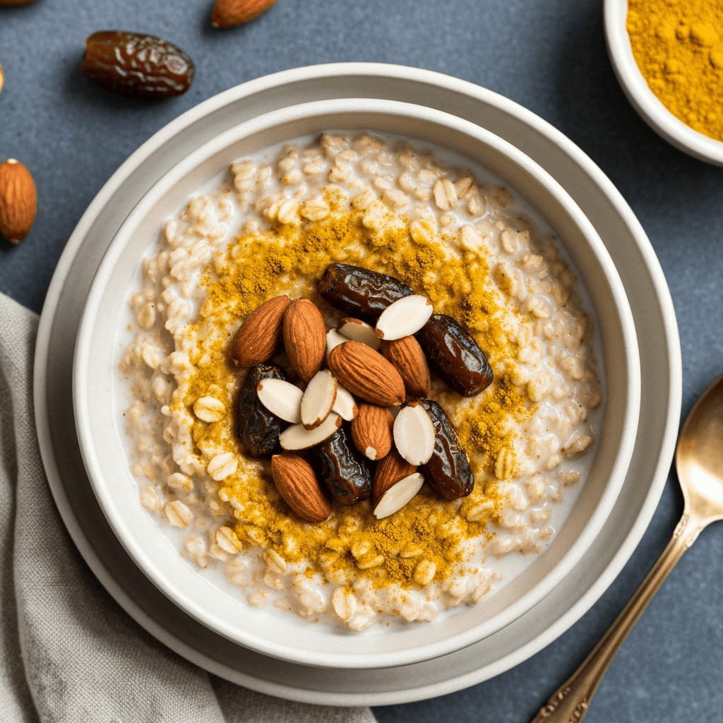 Coconut Curry Oatmeal with Toasted Almonds and Dates