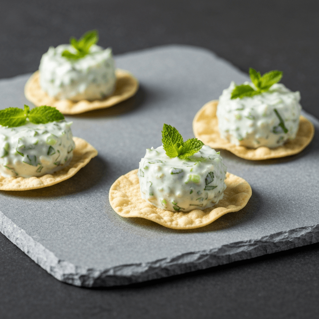 Cucumber and Mint Raita Bites on Crispy Poppadums