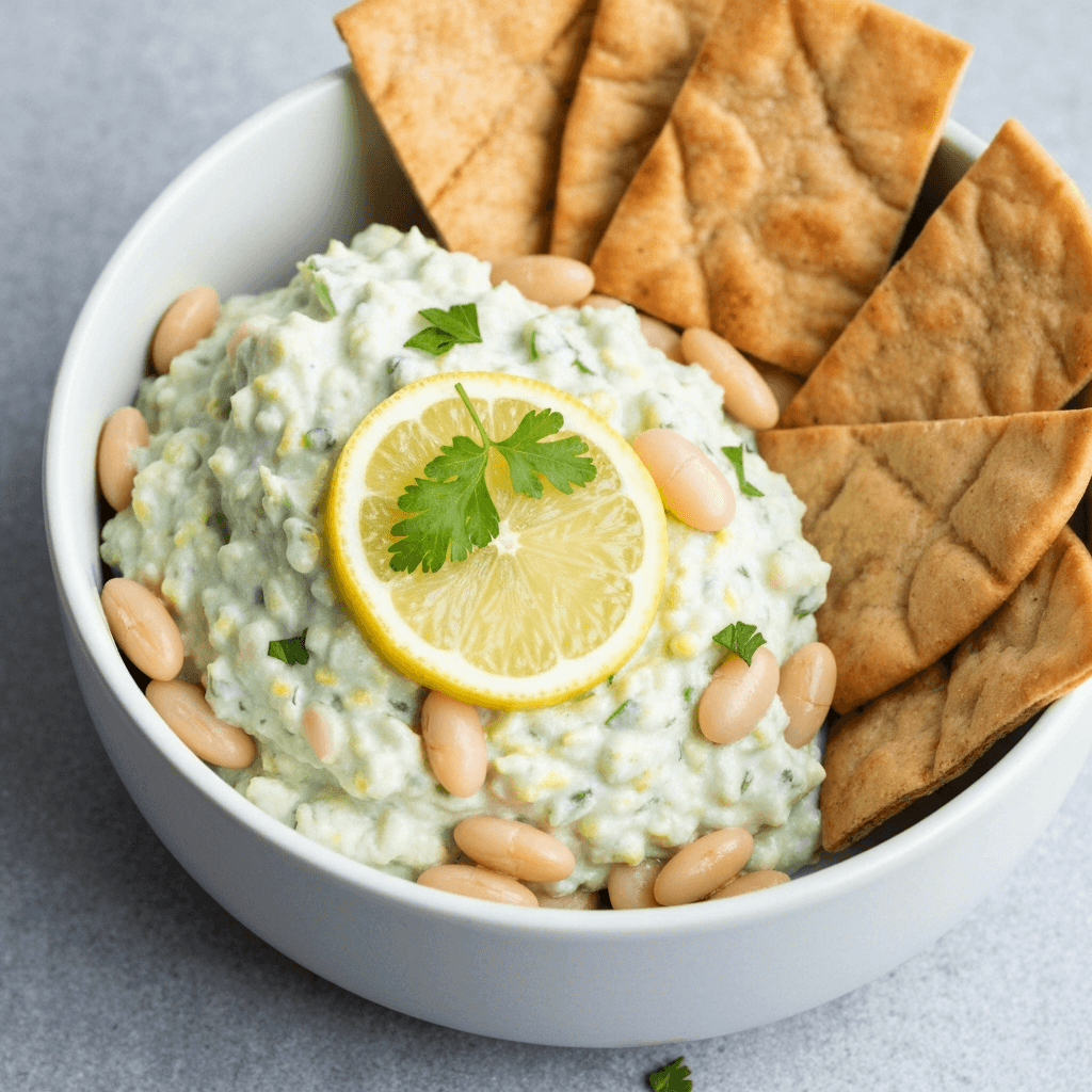 Greek Lemon and Herb White Bean Dip with Pita Chips