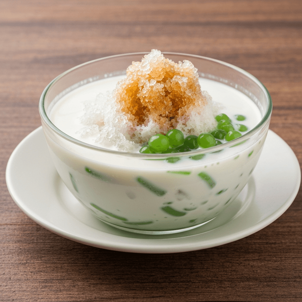 Es Cendol (Iced Dessert) with Coconut Milk, Palm Sugar, and Green Jellies