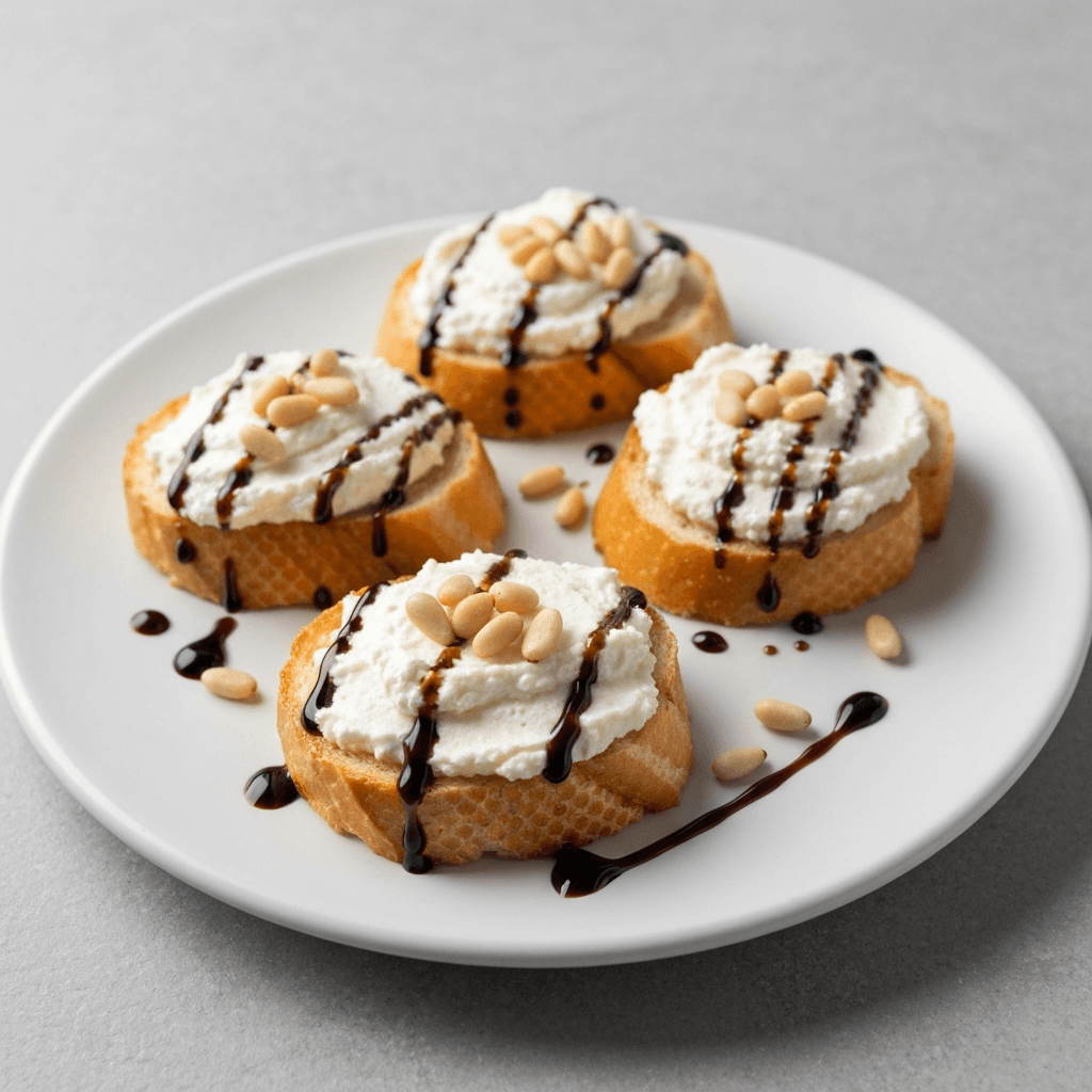 Whipped Ricotta Crostini with Balsamic Glaze and Toasted Pine Nuts
