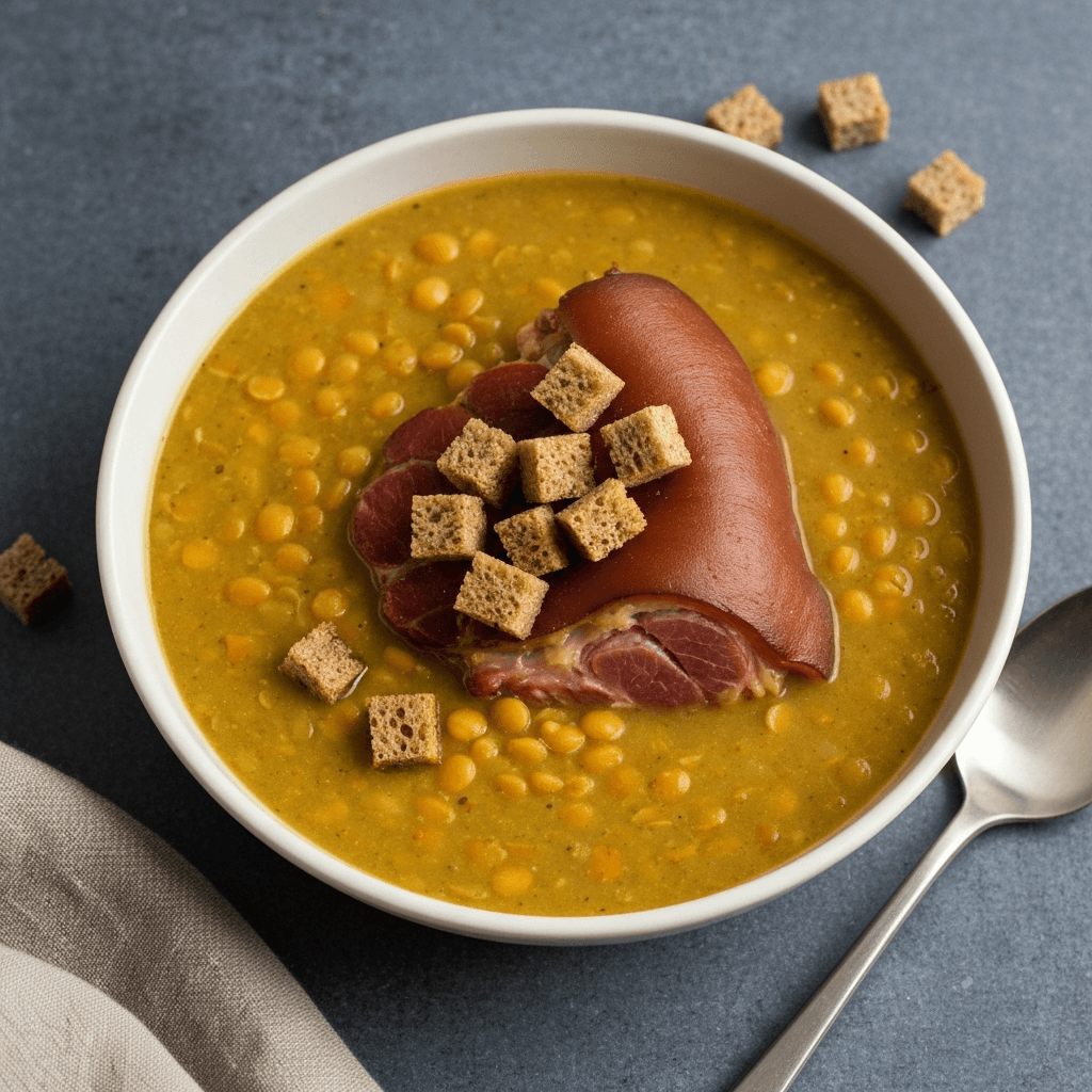Split Pea Soup with Smoked Ham Hock & Crusty Rye Croutons