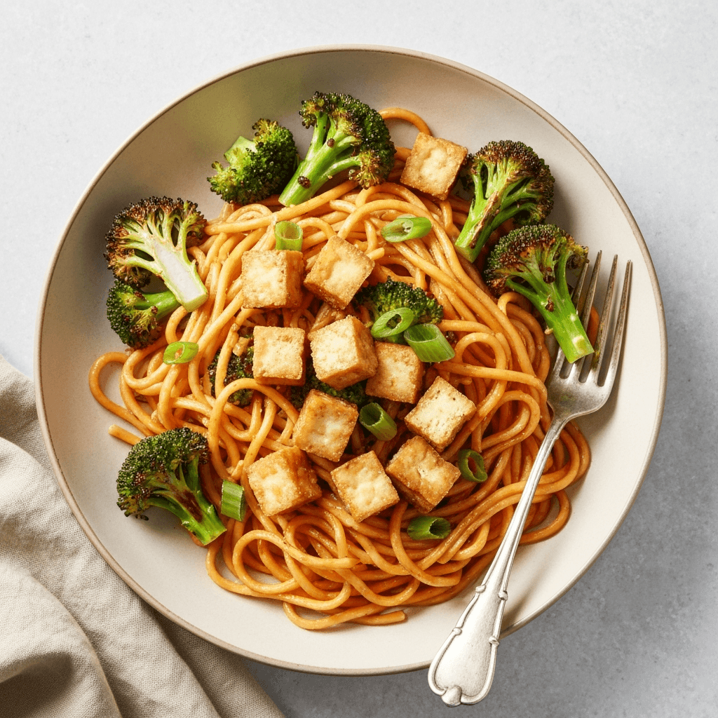 Spicy Peanut Noodles with Crispy Tofu and Broccoli