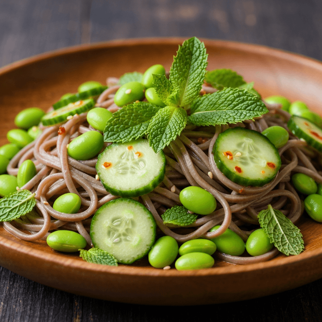 Cold Noodle Salad with Edamame, Cucumber and Mint