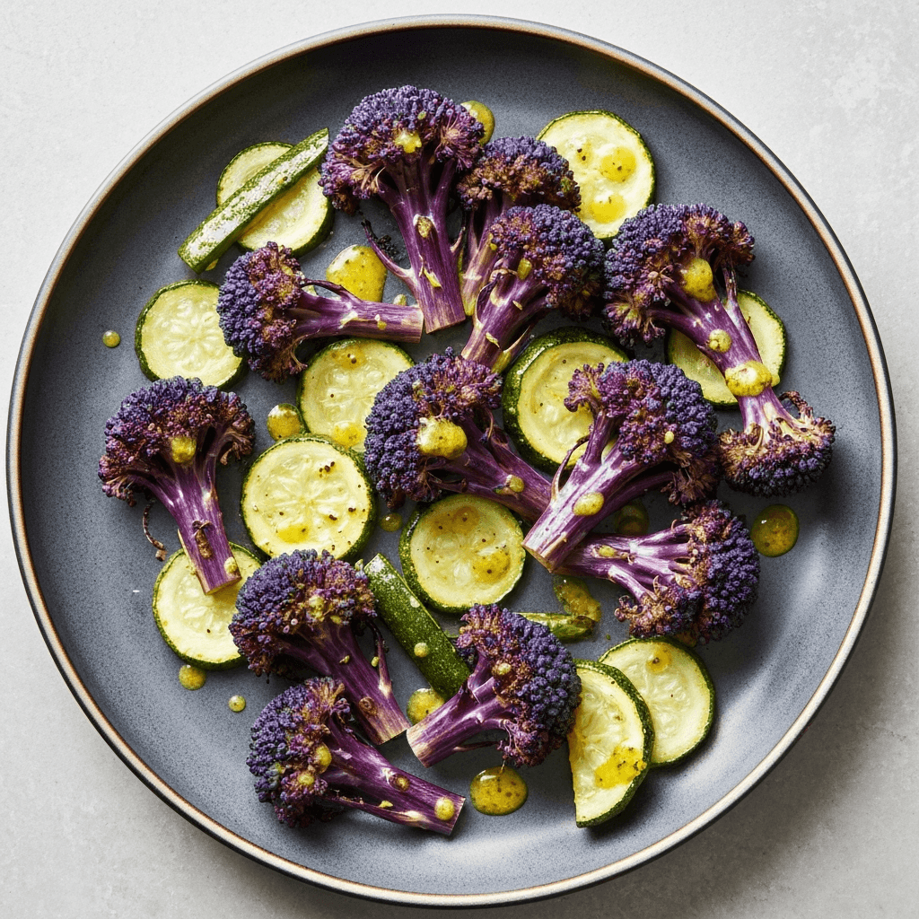 Roasted Purple Sprouting Broccoli and Courgette with Lemon-Garlic Dressing