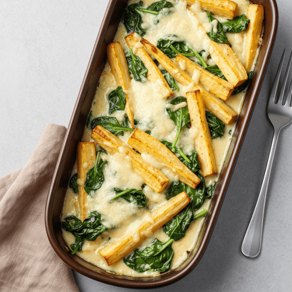 Roasted Parsnip and Spinach Gratin with Gruyere
