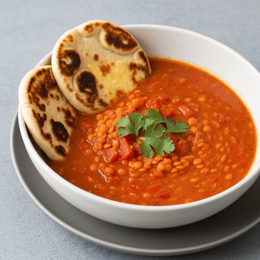 Red Lentil and Tomato Soup with Grilled Cheese Naan Dippers