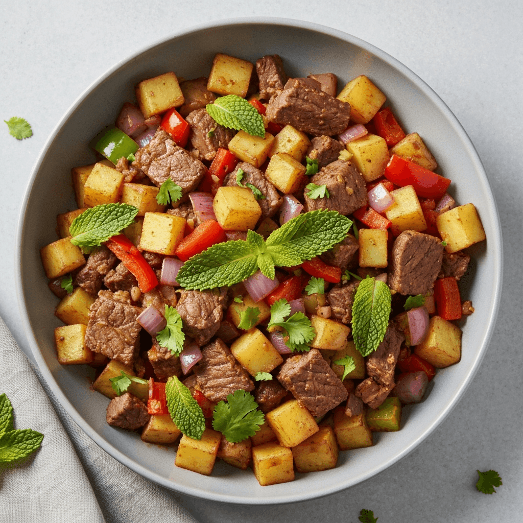 Peruvian Potato and Lamb Stir-Fry with Mint and Cilantro