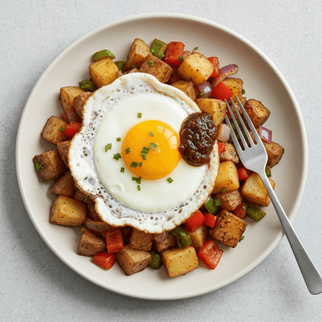 Bobotie Hash with Fried Eggs and Chutney