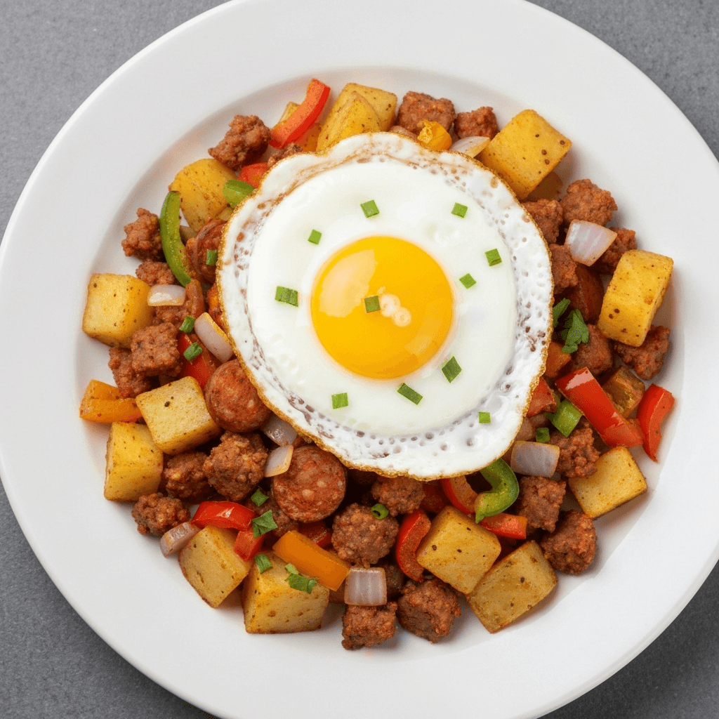 Peruvian Potato and Chorizo Hash with Fried Egg