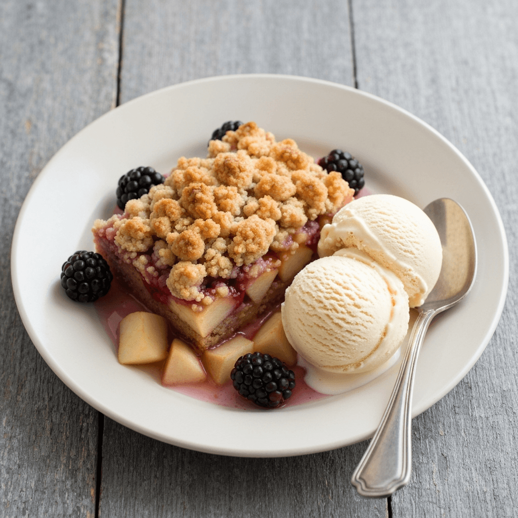 Jersey Apple and Blackberry Crumble with Vanilla Bean Ice Cream