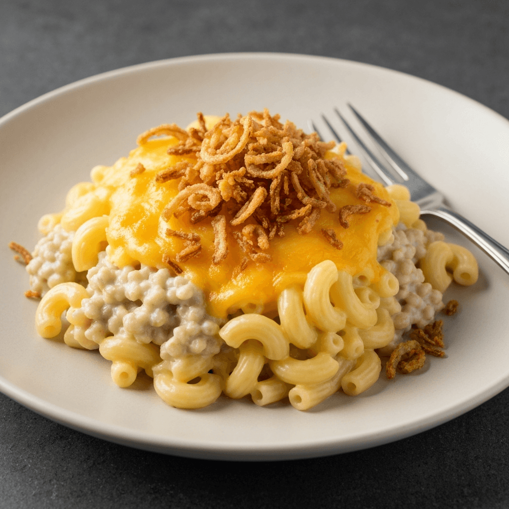 Cottage Pie Mac and Cheese with Crispy Onions