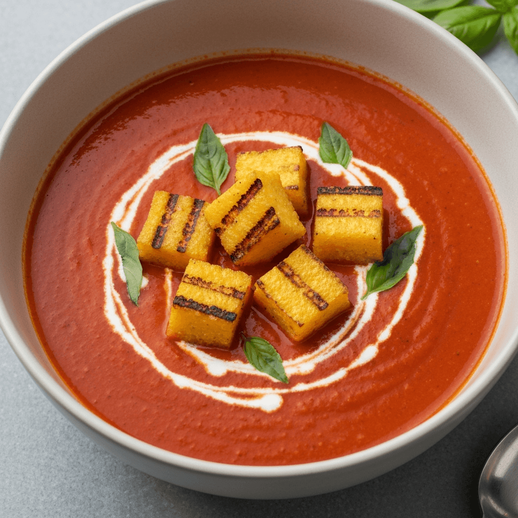 Creamy Tomato and Basil Soup with Grilled Polenta Croutons
