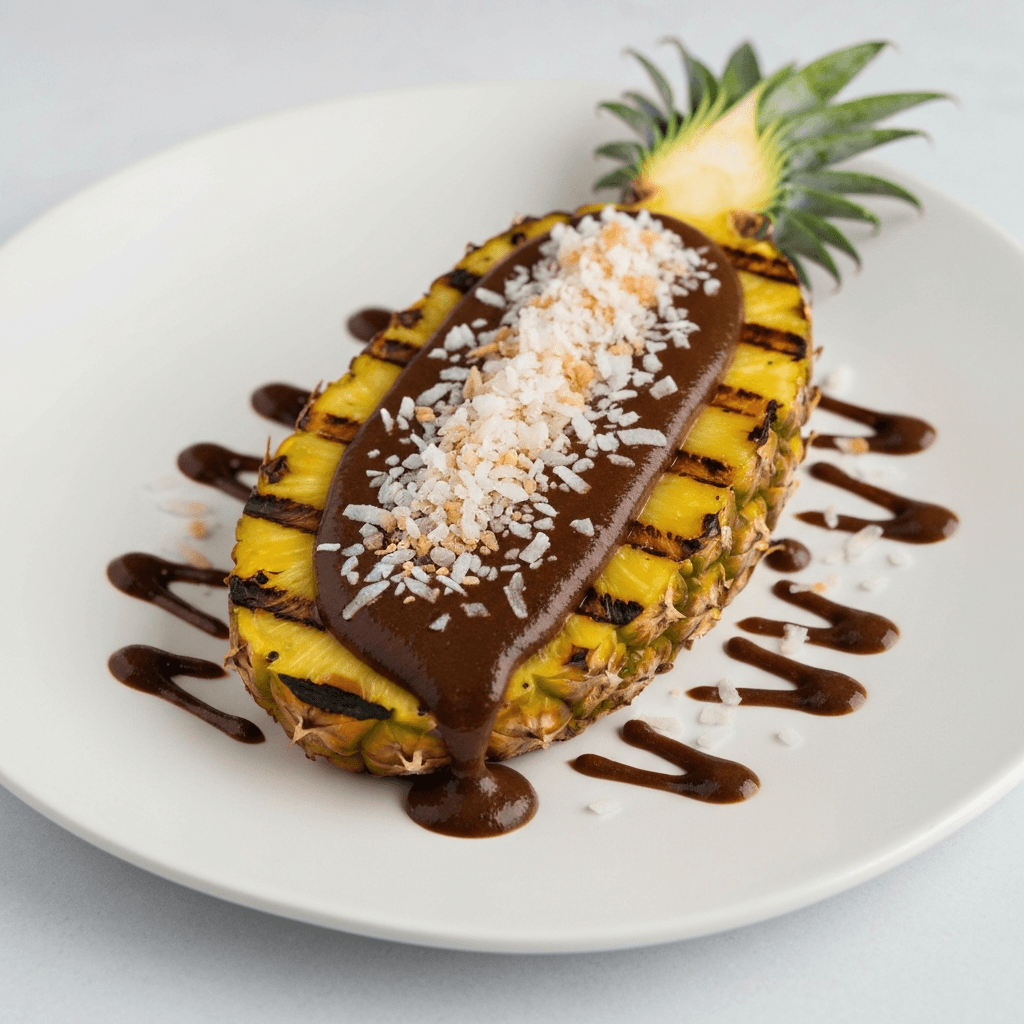 Grilled Pineapple with Mole Negro Drizzle and Coconut Flakes