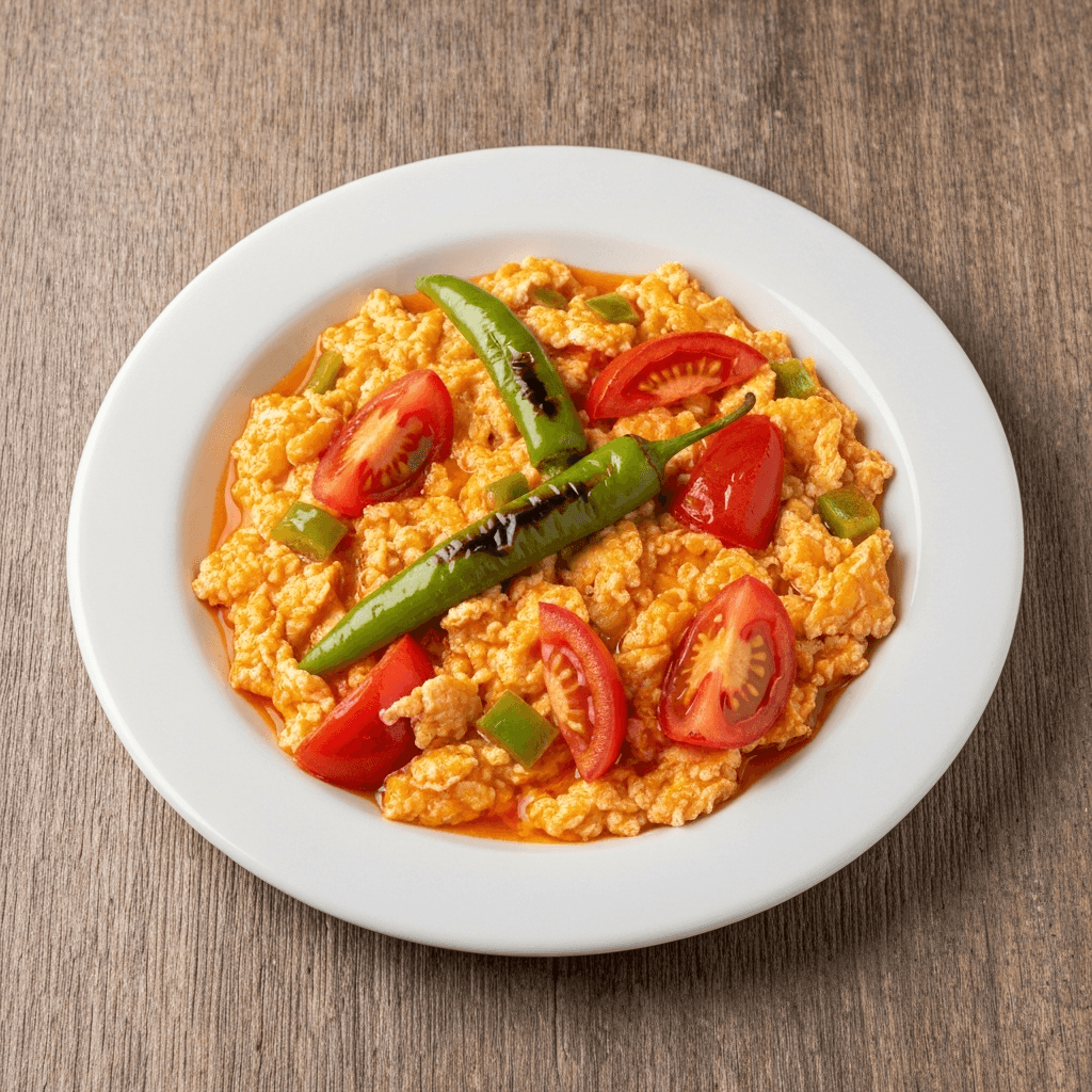 Menemen (Turkish Scrambled Eggs) with Tomatoes and Peppers