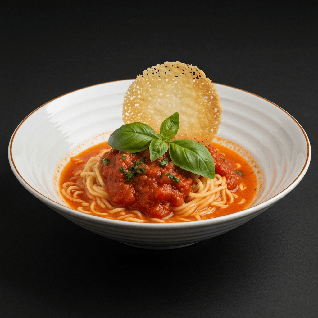 Tomato and Basil Ramen with Parmesan Crisp