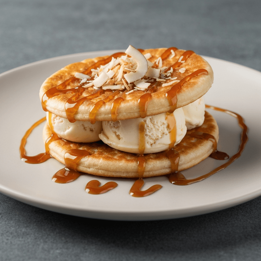 Roti Prata Ice Cream Sandwich with Gula Melaka Caramel & Coconut Flakes