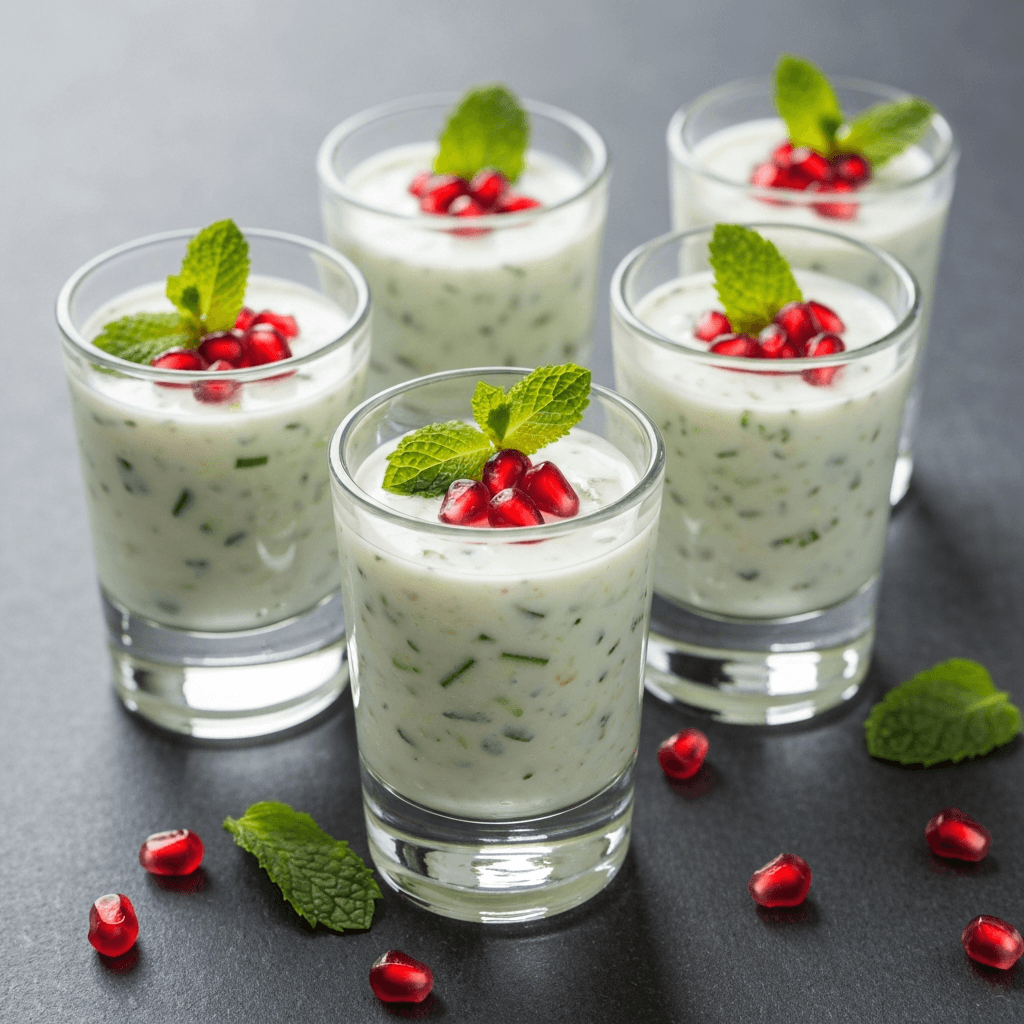 Cucumber Raita Shooters with Mint and Pomegranate
