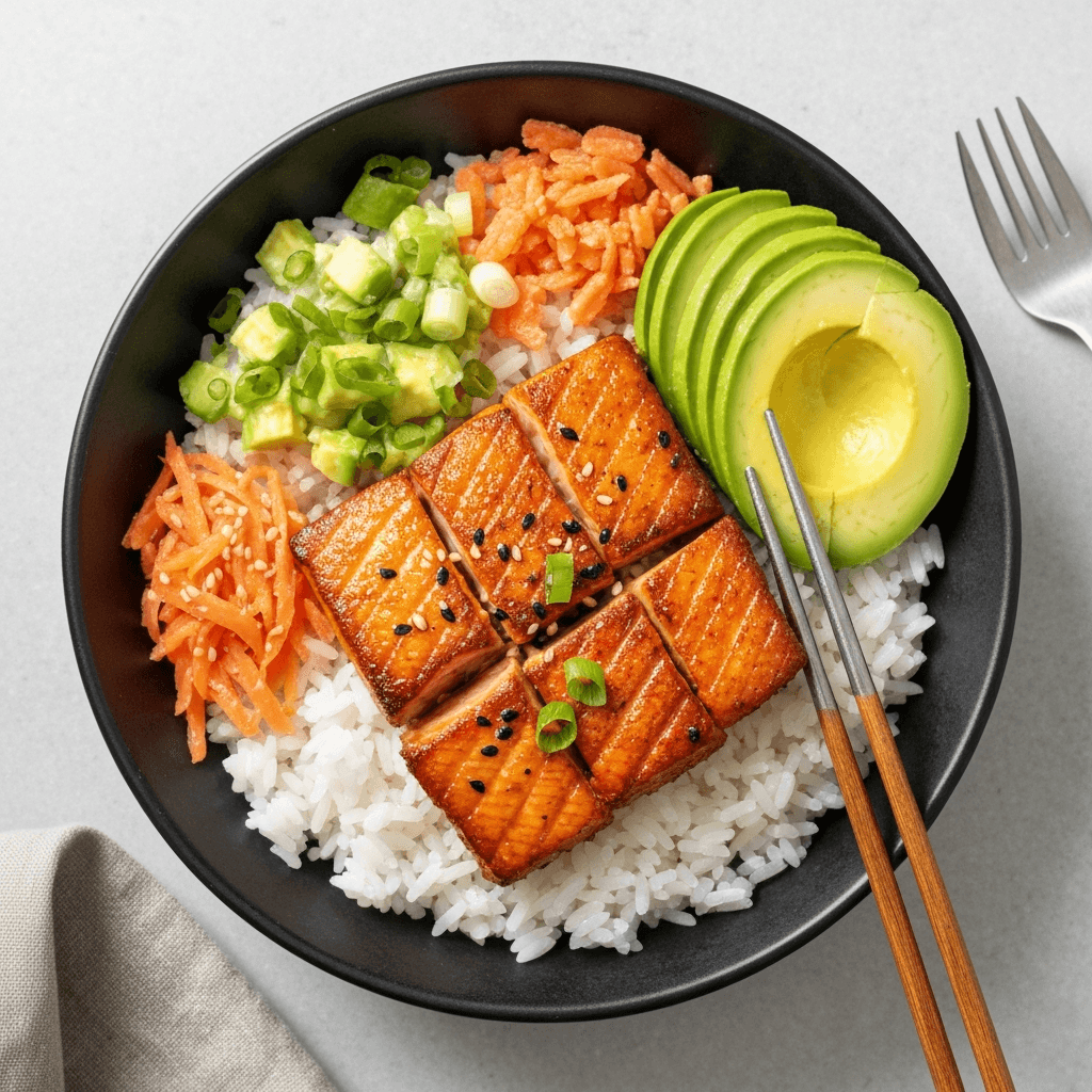 Miso Glazed Salmon Donburi with Pickled Ginger & Avocado