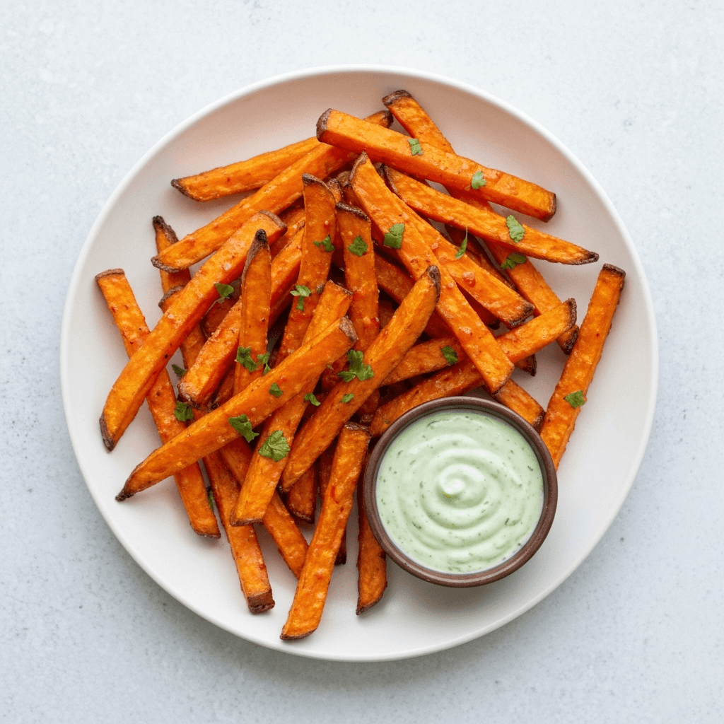 Aji Amarillo Glazed Sweet Potato Fries with Cilantro Lime Dip