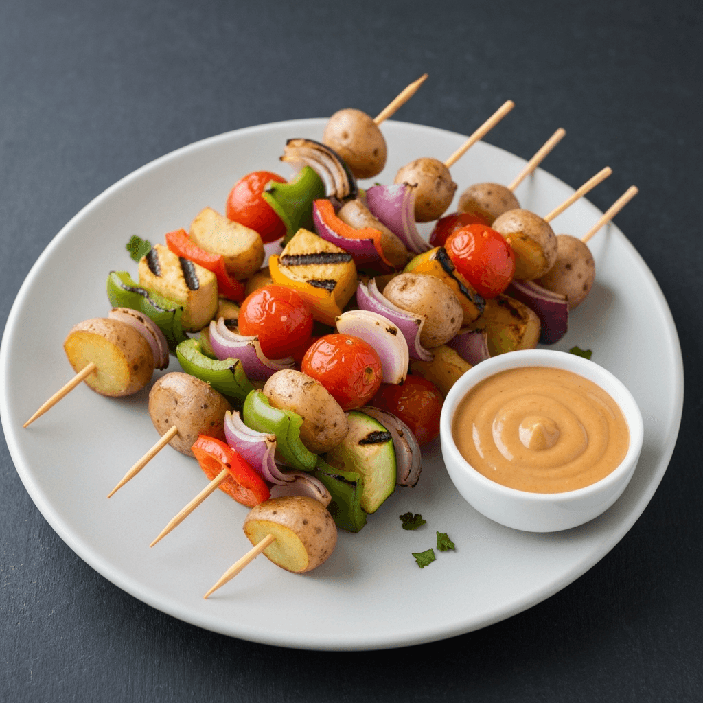Peruvian Potato and Vegetable Skewers with Peanut Sauce