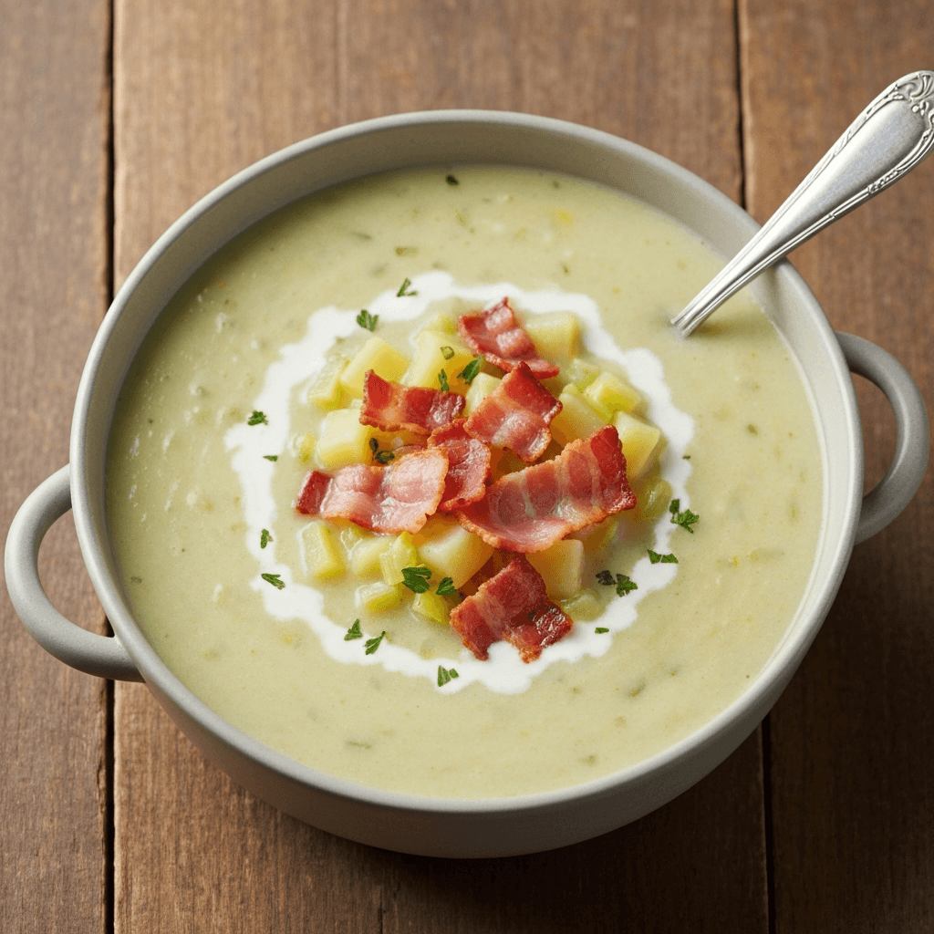 Creamy Potato and Leek Soup with Crispy Bacon