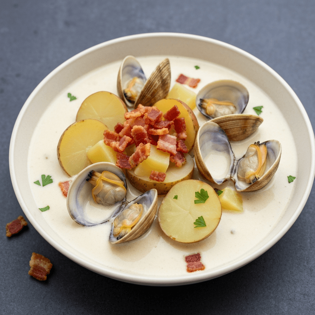 Creamy Jersey Clam and Potato Chowder with Crispy Pancetta