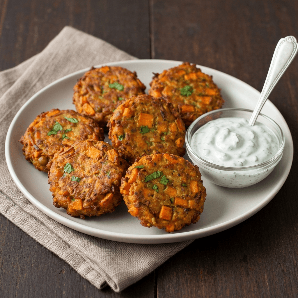 Chana Daal & Sweet Potato Fritters with Mint-Yogurt Dip