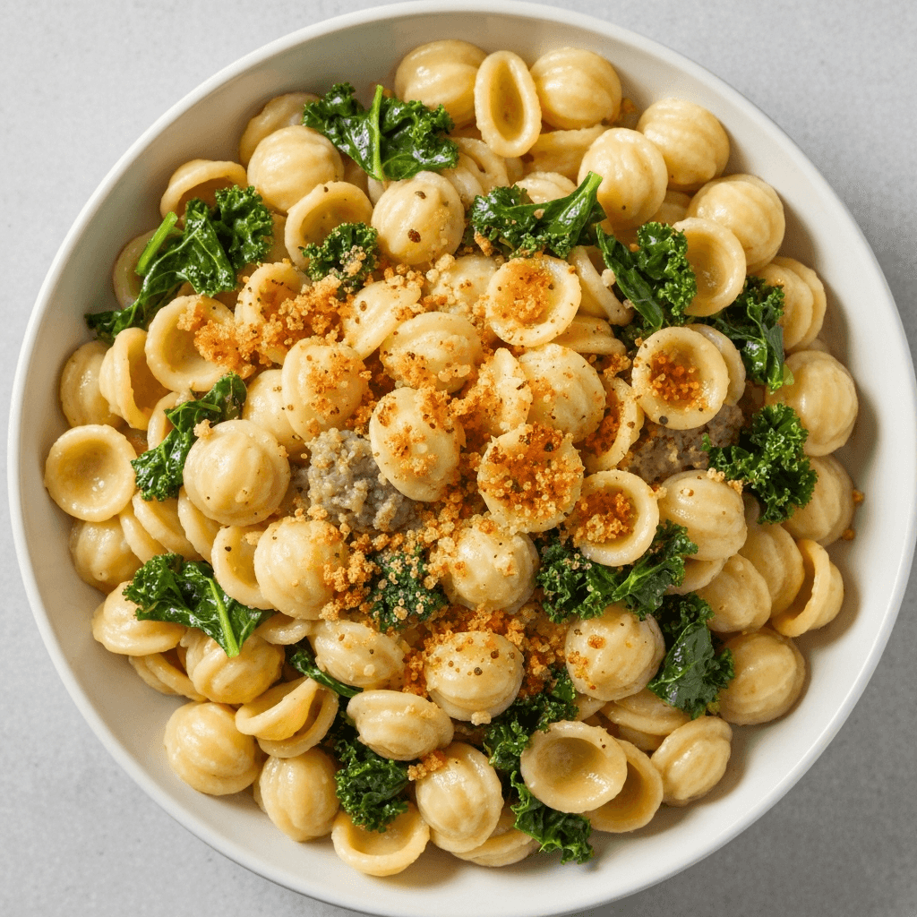 Creamy Sausage and Kale Orecchiette with Toasted Breadcrumbs