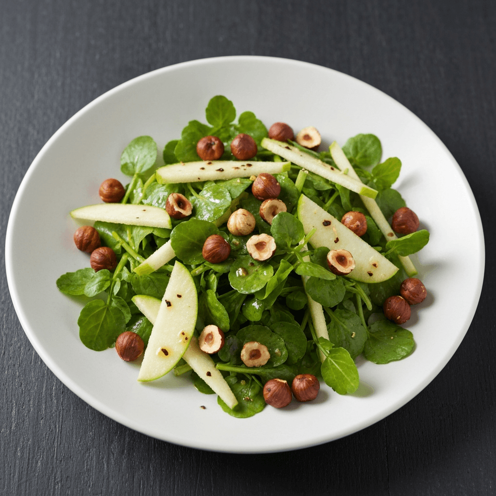 Watercress and Apple Salad with Toasted Hazelnuts and Lemon Vinaigrette