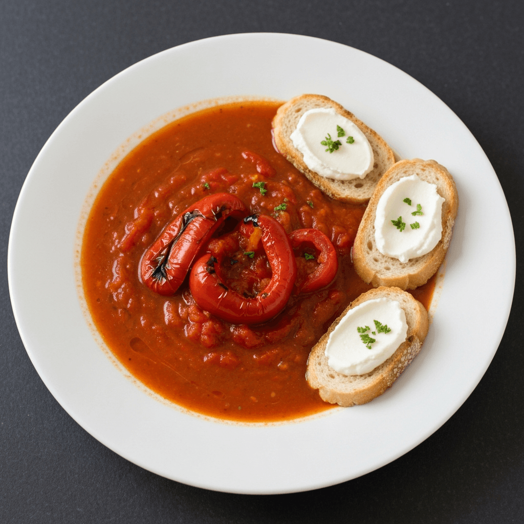 Roasted Red Pepper and Tomato Soup with Goat Cheese Crostini