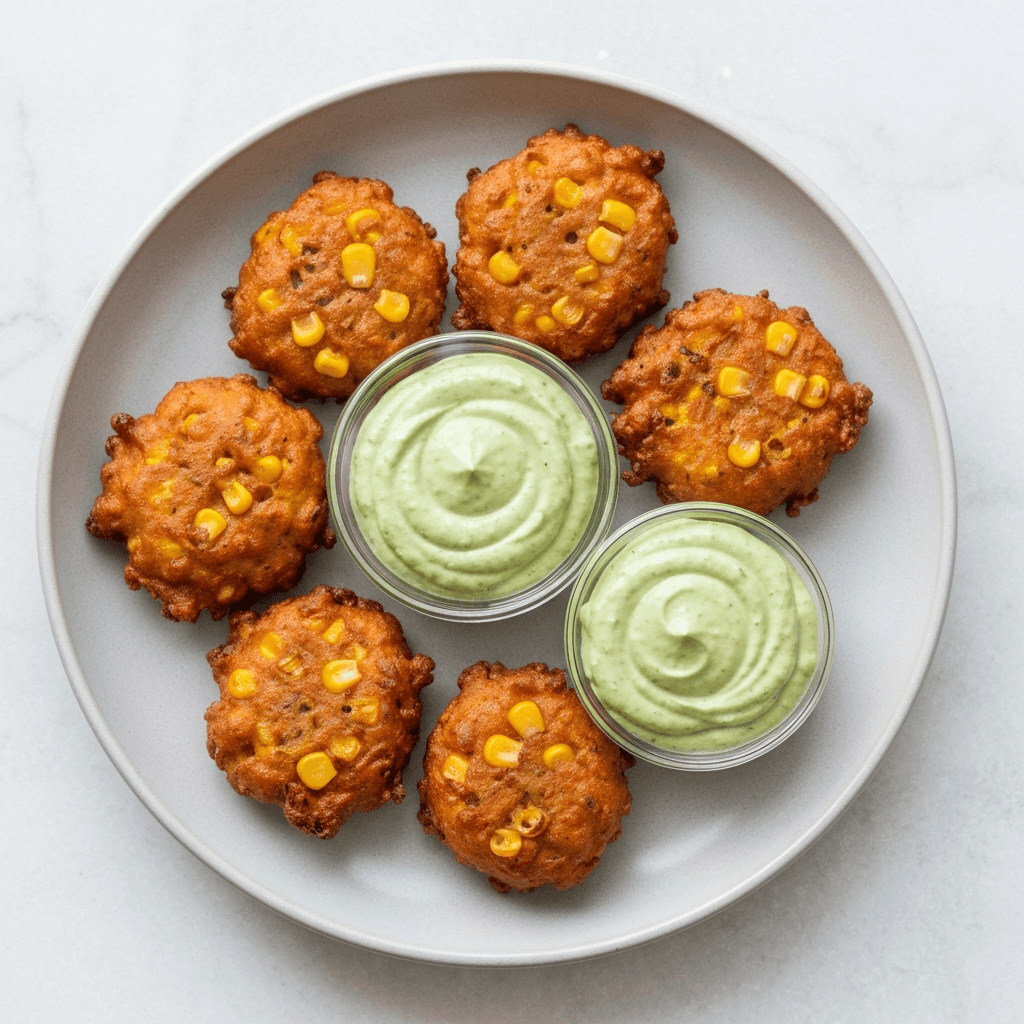 Sweet Corn and Mole Amarillo Fritters with Avocado Crema