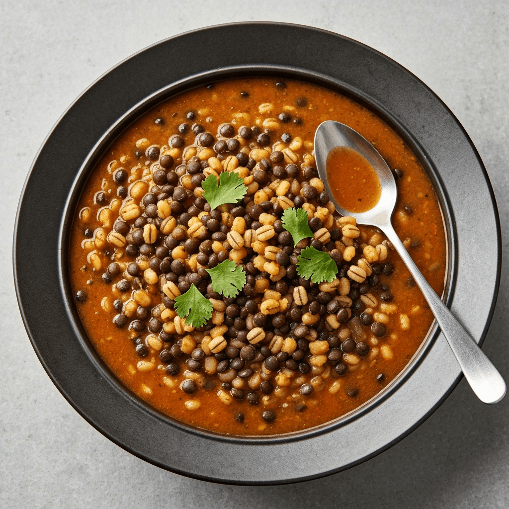 Spiced Black Lentil & Barley Soup with Tamarind Glaze