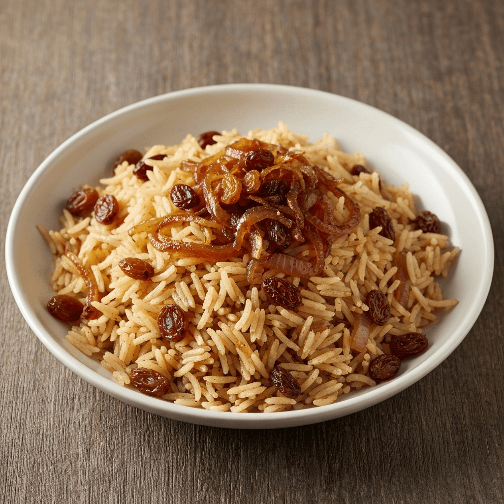 Jeera Rice Pilaf with Caramelized Onions and Raisins