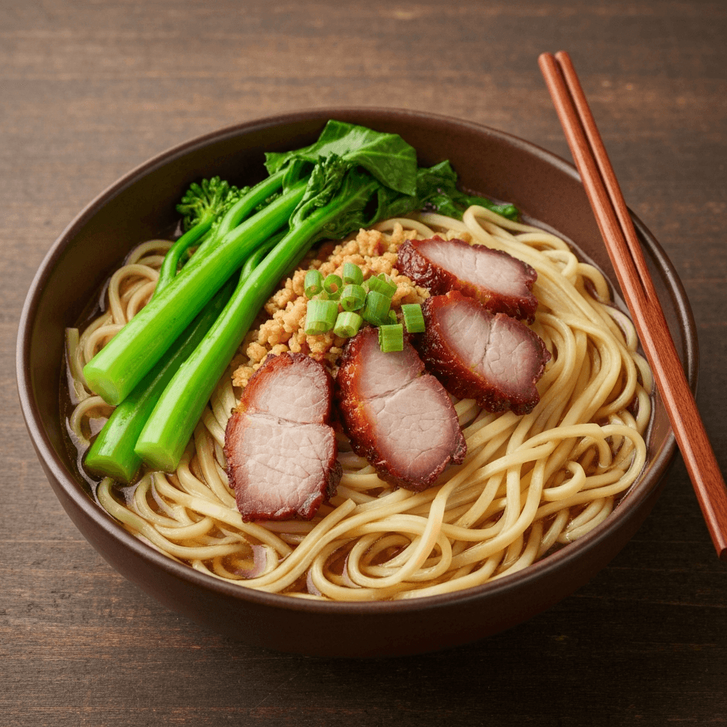 Char Siu Pork Noodle Soup with Egg Noodles and Gai Lan