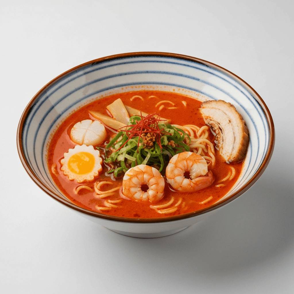 Sambal Seafood Bisque Ramen with Crispy Roti John 'Chashu'