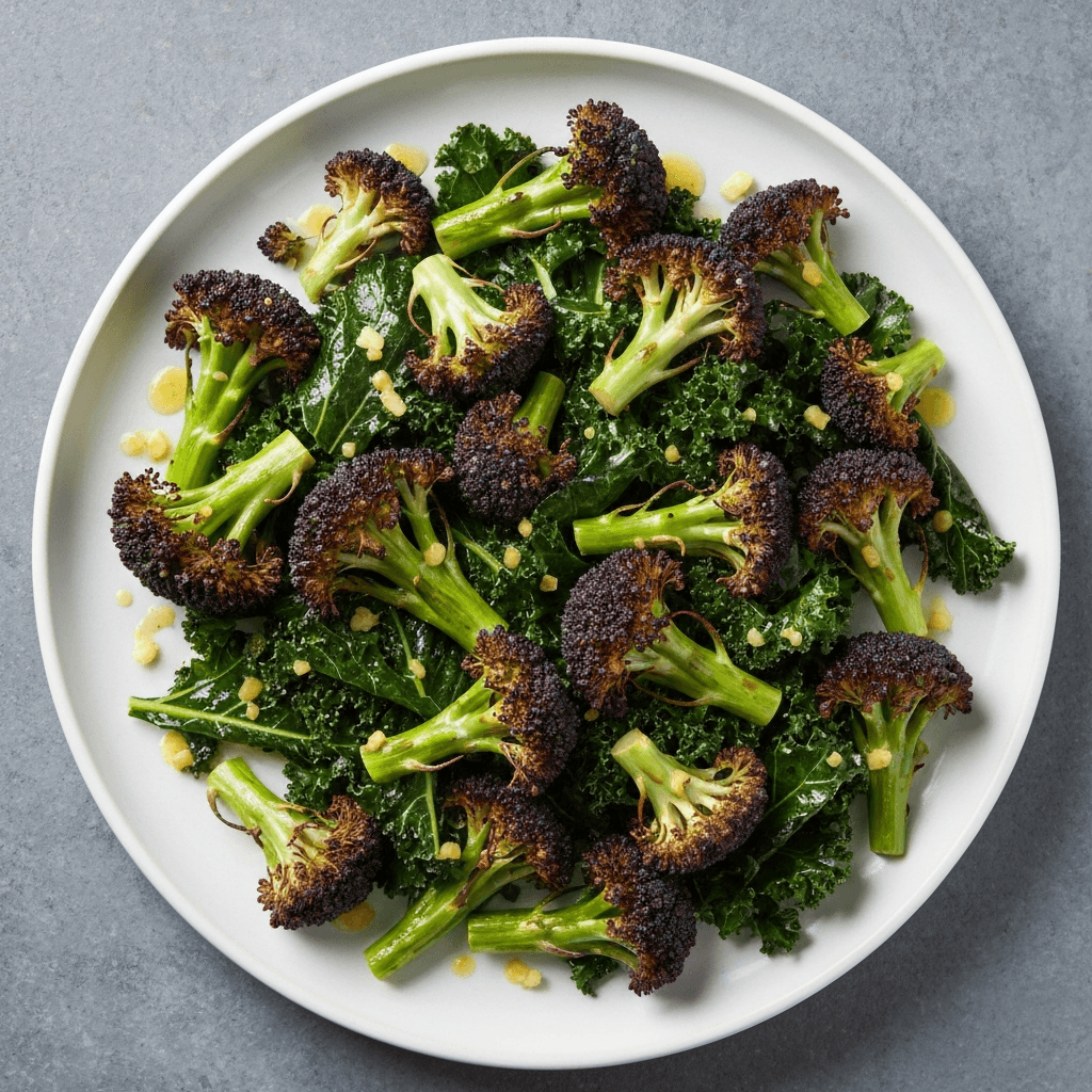 Roasted Purple Sprouting Broccoli and Kale with Lemon-Garlic Dressing